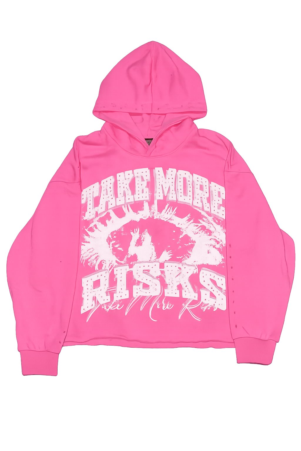 TAKE MORE RISKS PINK DISTRESSED CROPPED HOODIE