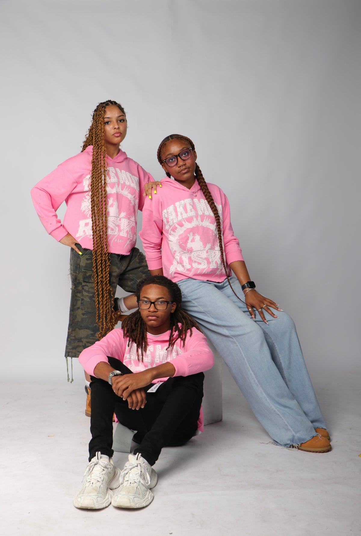 TAKE MORE RISKS PINK DISTRESSED CROPPED HOODIE
