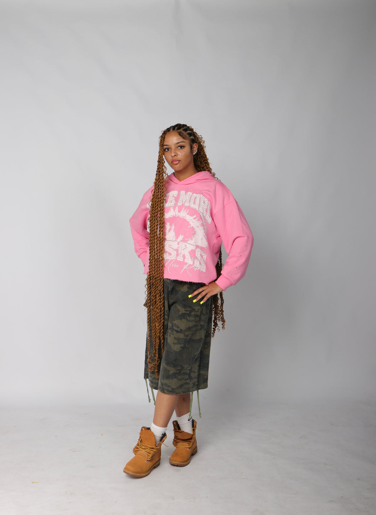 TAKE MORE RISKS PINK DISTRESSED CROPPED HOODIE
