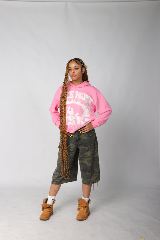TAKE MORE RISKS PINK DISTRESSED CROPPED HOODIE