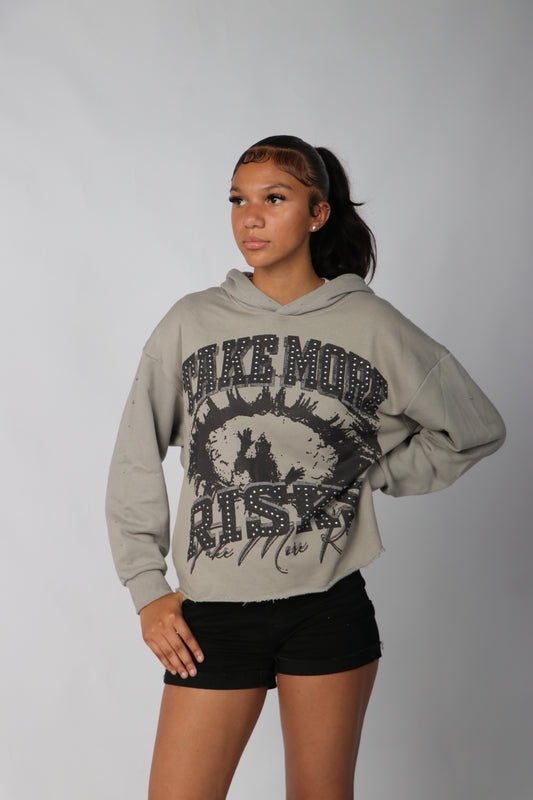 TAKE MORE RISKS GREY DISTRESSED CROPPED HOODIE